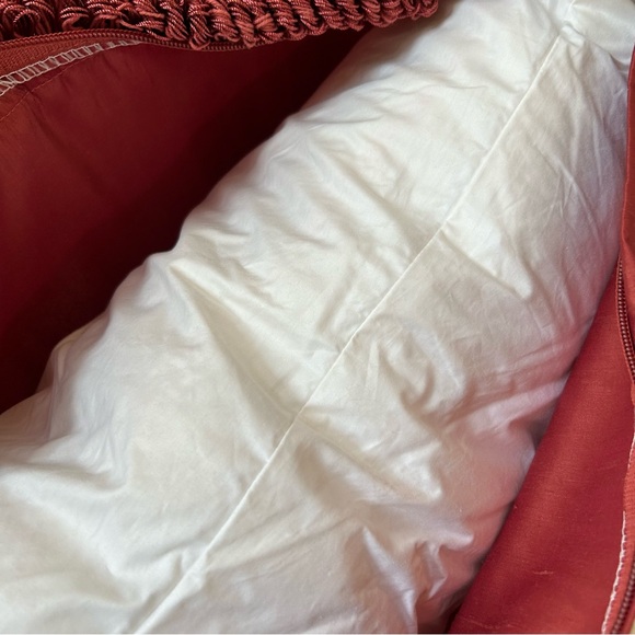 Feather & Down Oblong Silk Covered Decorative Throw Pillow in Deep Rust. EC - Picture 8 of 8